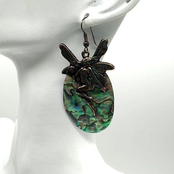 Abalone Shell Fairy Design Dangle Earrings Unique - Picture 8 of 12
